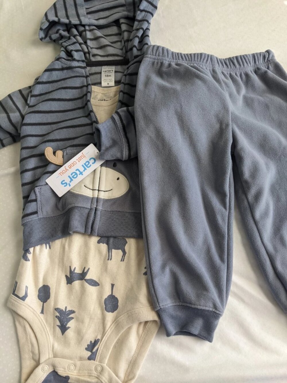 NWT CARTERS 18 Months 3 piece set hooded jacket/bodysuit/pants white/blue
